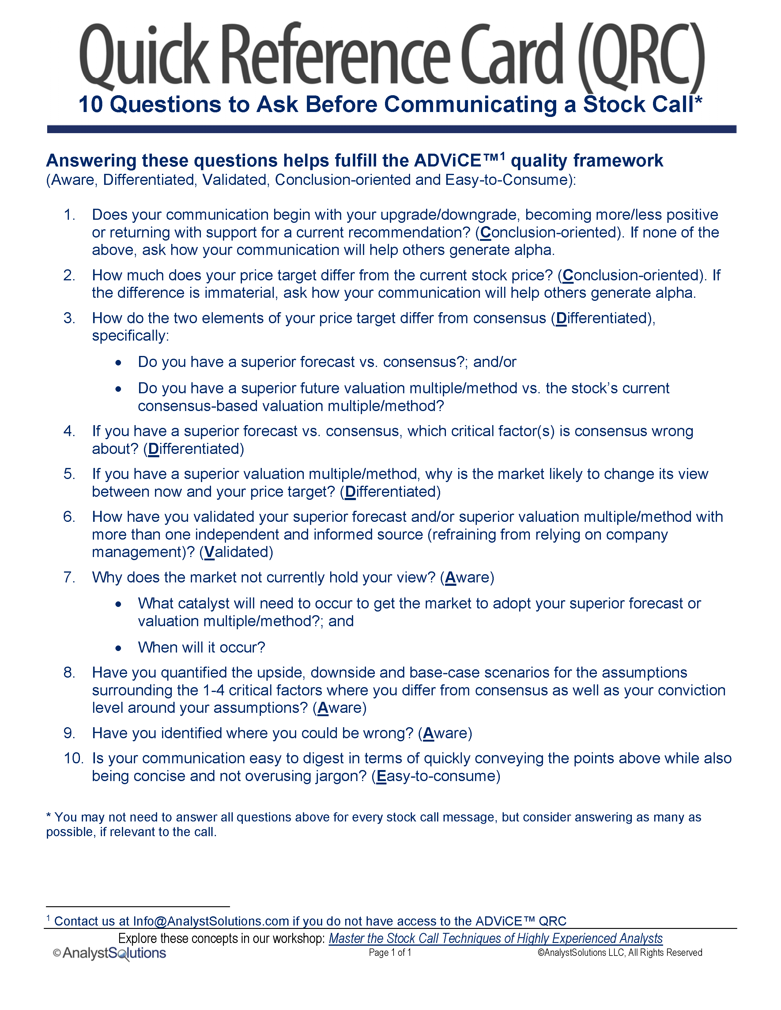 10 Questions to Ask Before Communicating a Stock Call